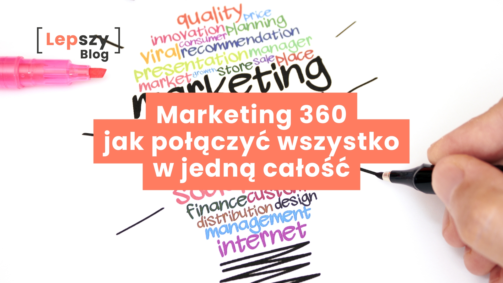 Dłoń pisząca markerem kolorowe słowa takie jak np.„Marketing”, „Presentation” czy „Viral”, układające się w kształt żarówki – napis „Marketing 360 - jak połączyć wszystko w jedną całość”, symbol całościowego spojrzenia na strategię treści.