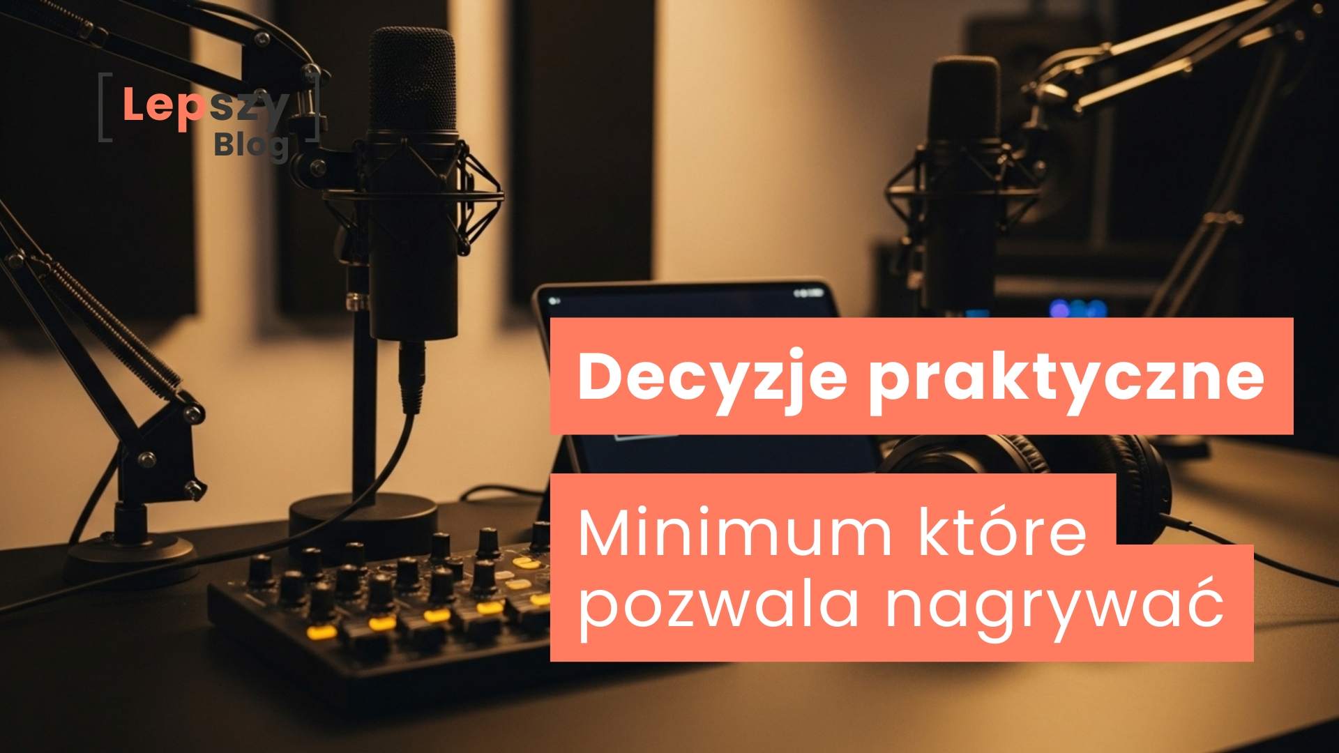 Wnętrze studia nagraniowego z mikrofonem na ramieniu, komputerem, słuchawkami i podstawowymi urządzeniami audio na stole – napis „Decyzje praktyczne. Minimum, które pozwala nagrywać”, symbol prostego, funkcjonalnego zaplecza wystarczającego do rozpoczęcia pracy nad podcastem.