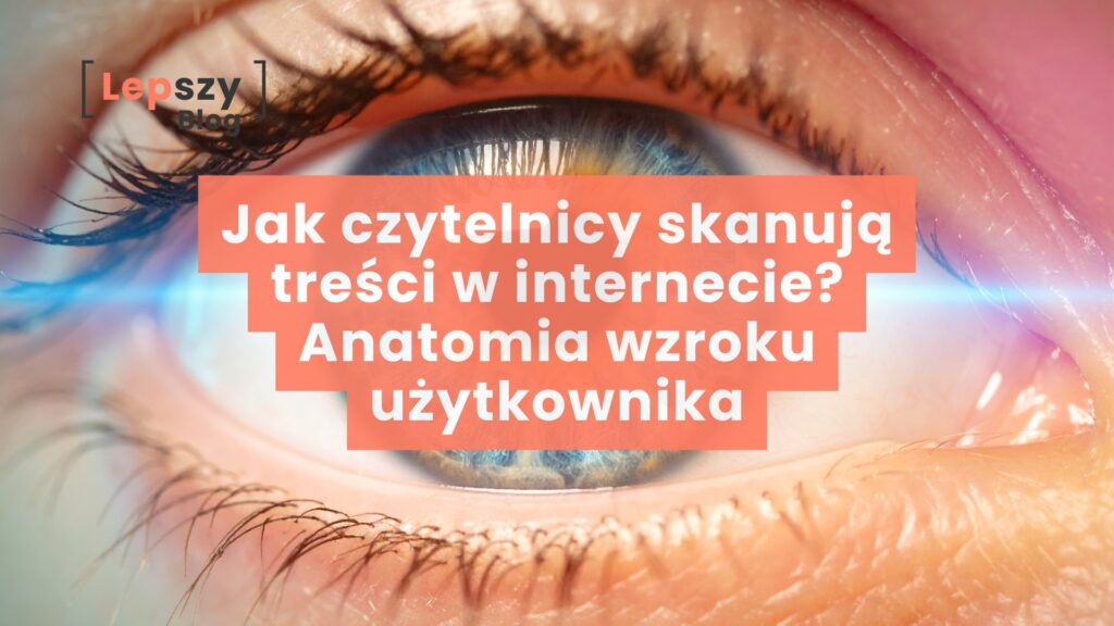 Makrofotografia otwartego ludzkiego oka z widoczną tęczówką oraz nałożony napis: Jak czytelnicy skanują treści w internecie. Anatomia wzroku użytkownika.